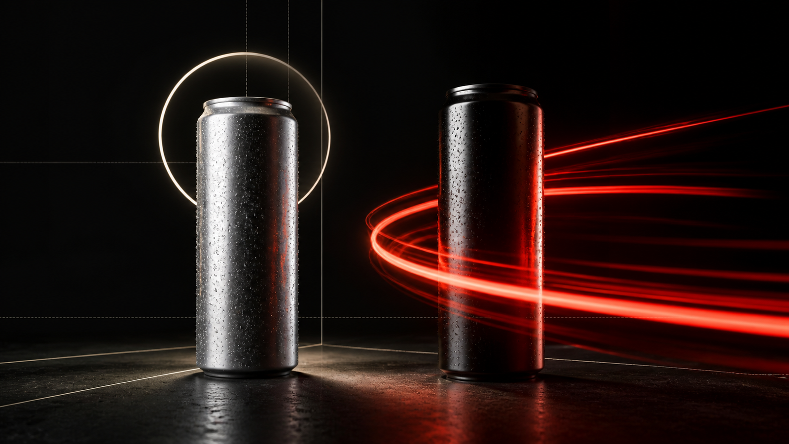 Deux canettes de boisson fonctionnelle dans un studio sombre